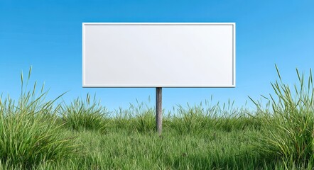 Stylish photo of empty white billboard in a green grassy field under a clear blue sky