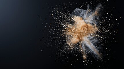 A dynamic explosion of fine gold and white powder, mixed with shimmering glitter, erupts against a dark, gradient background.