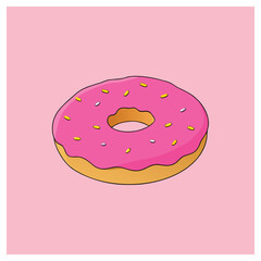 A delightful pink donut with colorful sprinkles on a soft pink background, perfect for satisfying your sweet cravings with a touch of whimsy