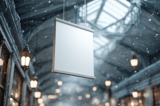 Stylish photo of blank vertical sign mockup in a snowy winter shopping arcade with lanterns