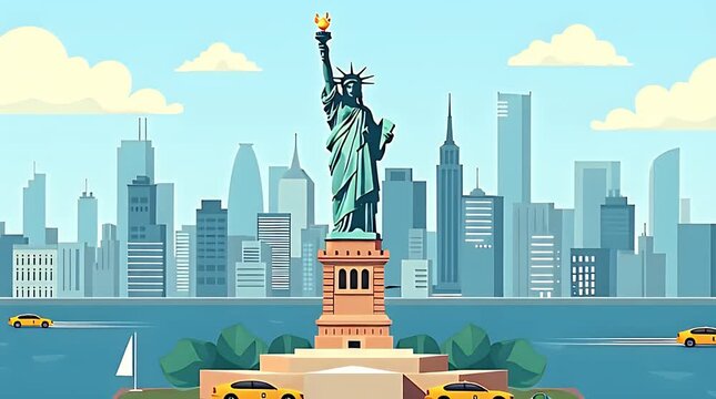 Minimal flat-style illustration of New York City showing the Statue of Liberty, Manhattan skyline, yellow taxis, and deep blue waters; bold, graphic shapes and clean edges.
