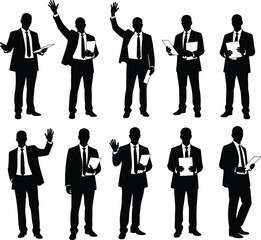 Businessman silhouettes holding documents and giving presentation poses