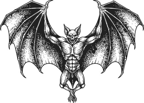 Dark bat silhouette with outstretched wings isolated on a solid black background