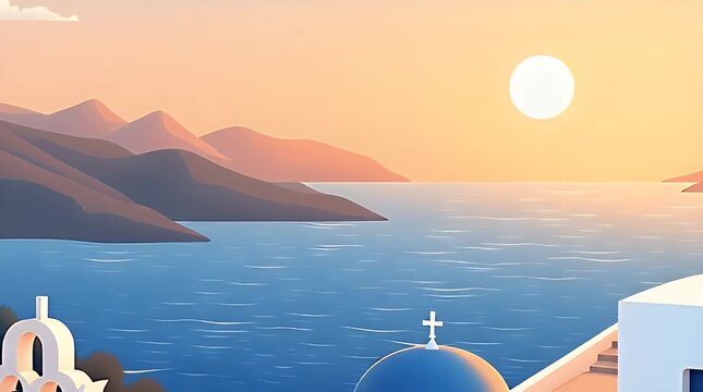 A new flat minimalist illustration of a different Greek island village with blue domes, white houses, warm sunset gradient sky, Mediterranean sea, and geometric architecture.