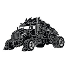 A black and white illustration of a heavily modified monster truck with a complex, mechanical design, isolated on white background the vehicle appears powerful