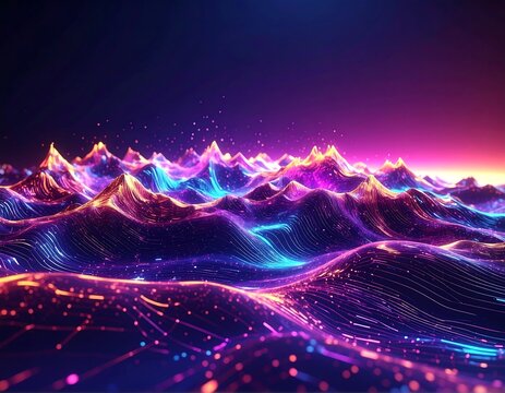 Digital waves landscape with glowing vibrant colors