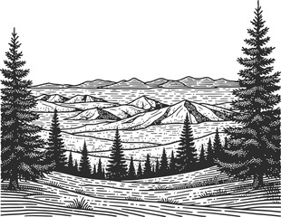 Engraved tree trunk silhouette with coniferous branches against a dark backdrop