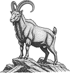 Ibex standing on rugged rocks in a powerful pose as a monochrome animal illustration