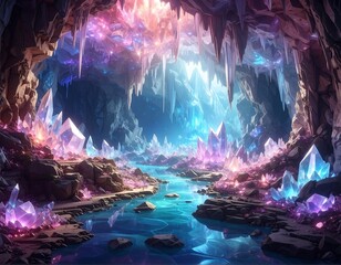 Fototapeta premium Fantastical cavern scene with luminous crystals and flowing water