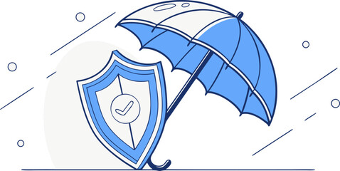 Minimal blue line illustration of umbrella protecting a security shield with check mark in rain. Ideal for cyber security, data protection, insurance, web banners and UI.