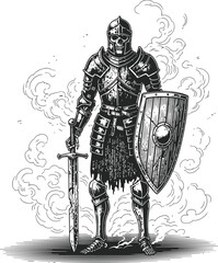 Medieval knight silhouette standing with sword and shield against a dark smoky background