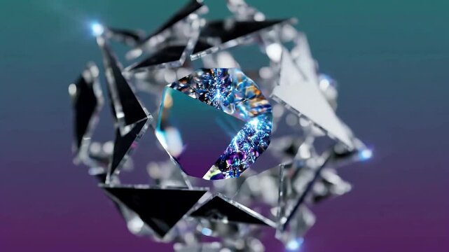 Blue diamond surrounded by reflective glass shards with bright light flares against gradient background