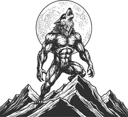 Mythological creature howling at a full moon atop a rugged mountain peak