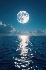 Silver moon above tranquil ocean, panoramic view, shore, moonlit