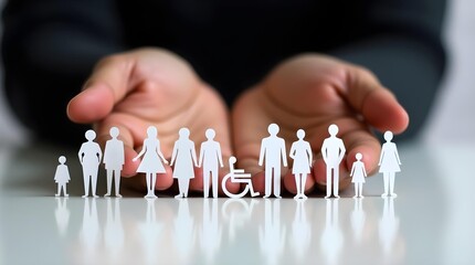 Concept of diversity and inclusion: paper figures of people symbolizing support and protection in society.