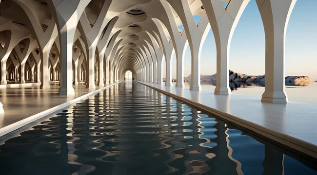 Serene architectural expanse, fluid reflections and white arched structural designs create an