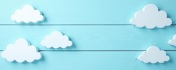 White cloud shapes on a pale blue wood panel, ideal for child-themed projects , child, sweet, illustration