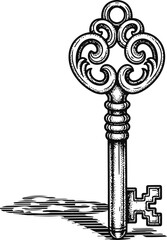 Ornate skeleton key silhouette on dark background symbolizing mystery and unlocking access.