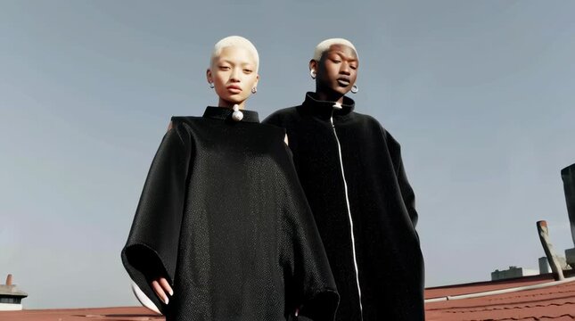 ull body view of a beautiful black albino twin couple standing on the deck of a Favela house on the soft early morning light, oxymoron, in the style of black chocolate and gold glitter confetti, organ