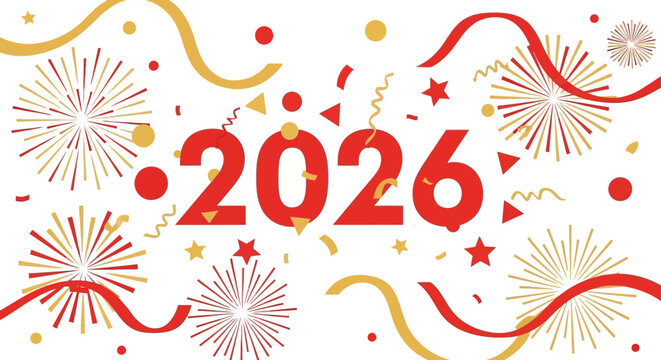 Celebrate 2026 with vibrant fireworks and confetti, perfect for New Year's Eve parties and festive event promotions, creating joy and excitement!