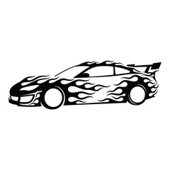 Black sports car with flame design isolated on white background, showcasing its sleek design and powerful presence, perfect for automotive enthusiasts