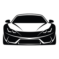 Front view of a sleek black sports car isolated on white background, showcasing its aerodynamic design and powerful presence, perfect for automotive enthusiasts