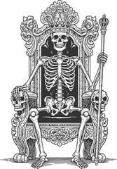 Skeleton monarch on an ornate throne holding a royal scepter in a dark setting