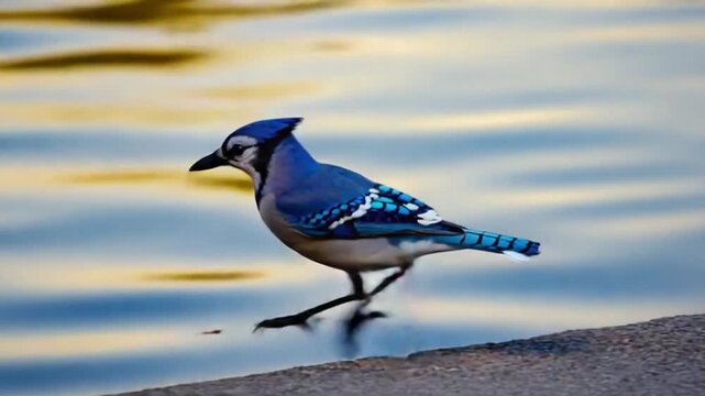A blue jay perched on a stone ledge with water in the background on a sunny day outdoors bird video