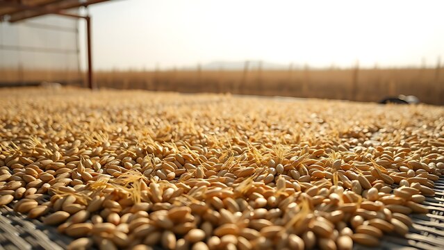 foolishness. Barley grains drying on a mat under soft, natural sunlight. menu design, packaging mockups, designed for culinary blogs and recipe cards for restaurants, used by account managers.