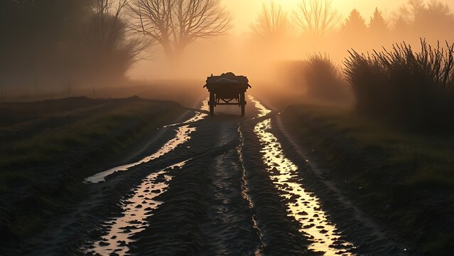 oxcart. Deep muddy ruts on a country path with an ancient oxcart moving through mist. mobility guides, transit brochures, designed for mobility and urban transit guides, used by professors.