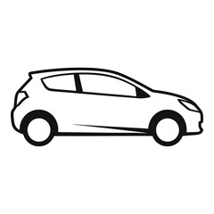 A compact white hatchback car, isolated on white background, depicted in a simple line drawing, perfect for urban commuting and small family adventures
