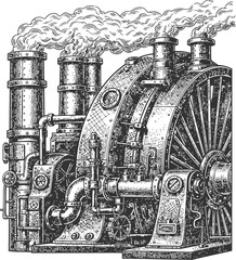 Vintage engraving of an industrial city with buildings and smoke from factories