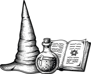 Witch hat potion bottle and spellbook outline drawing for magic themed concepts