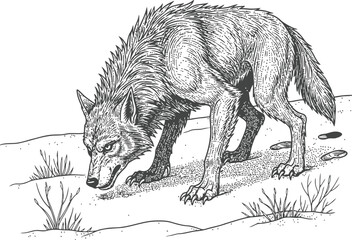 Wild gray wolf with head down sniffing ground, sparse vegetation on dark background.