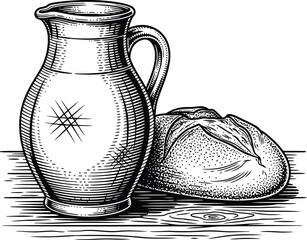 Woodcut style outline of a ceramic pitcher and fresh citrus fruits on a dark surface