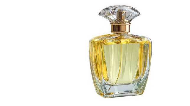 Elegant perfume bottle with golden liquid and ornate cap, isolated on transparent background