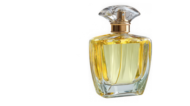 Elegant perfume bottle with golden liquid and ornate cap, isolated on transparent background