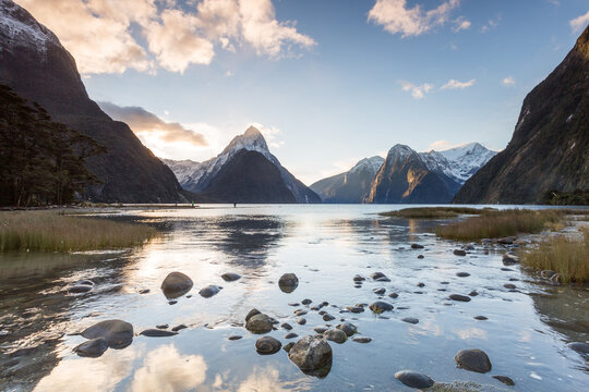 Sun rising over Milford Sound, New Zealand