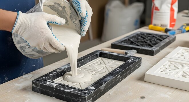 Craftsman pouring plaster into a mold for decorative tiles.