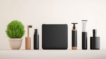 Premium men grooming kit with black case, wooden toothbrush, pump bottle, and green plant