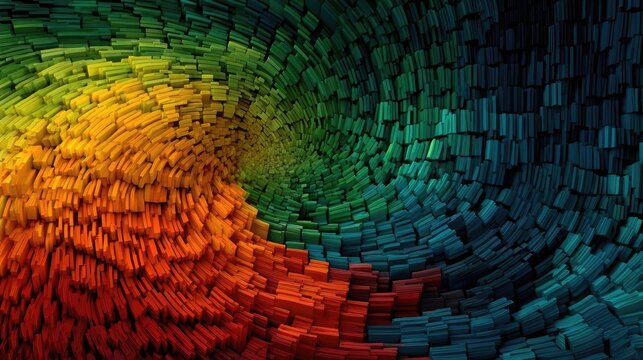 Paint store display with color swatches concept. Vibrant abstract pattern of colored blocks in swirling motion.