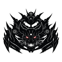 A menacing black robot mask with glowing red eyes isolated on white background, perfect for science fiction, fantasy, or gamingrelated designs and illustrations