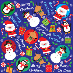 christmas seamless pattern with cute santa, snowman, reindeer, penguin 