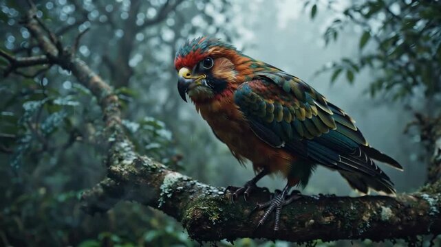 Kākāriki Parrot Portrait New Zealand Bird in Misty Forest