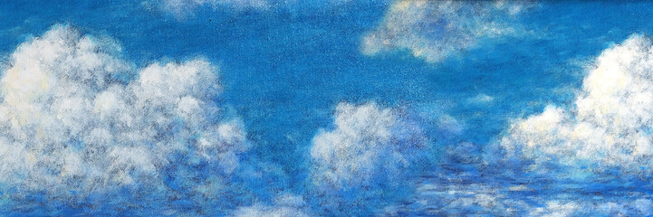 Art painting of a blue sky with white clouds Panorama wallpaper textured background design hand draw.