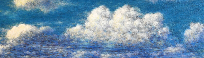 Art painting of a blue sky with white clouds Panorama wallpaper textured background design hand draw.