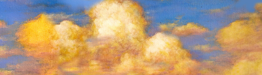 Art painting of a blue sky with orange clouds Panorama wallpaper textured background design hand draw.