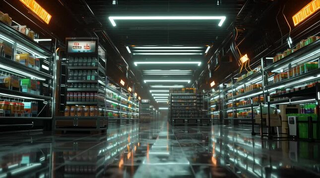 futuristic high-tech mech supermarket, endless glowing aisles filled with cybernetic food pods and holographic products, sleek robotic clerks floating above, neon signs in alien languages, metallic fl