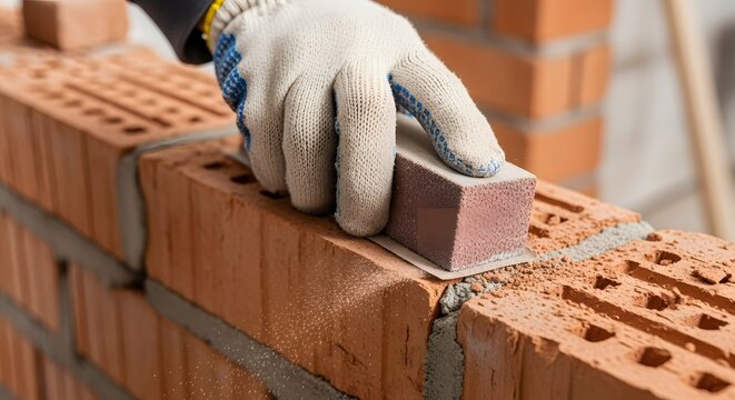 Bricklayer smoothing mortar joint with a trowel.
