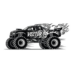 A dynamic black and white monster truck illustration with flames, isolated on white background, ideal for offroad adventure and extreme sports themes